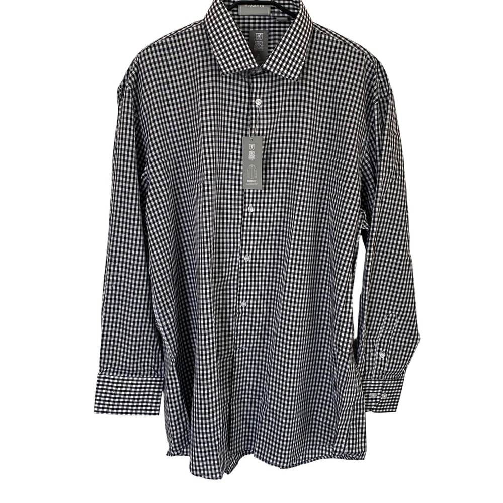 Stacy Adams Mens 3XL Gingham Button Down Shirt Black White Modern Fit 36/37 NWT